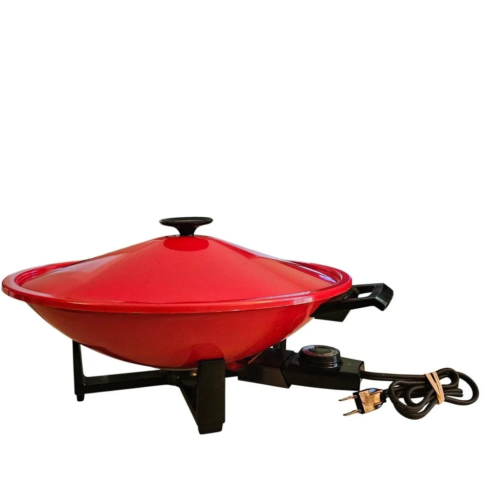 MCM 70s West‎ Bend Electric Wok Red Vintage 5109 1000W Non-Stick 14 Inch Lid USA